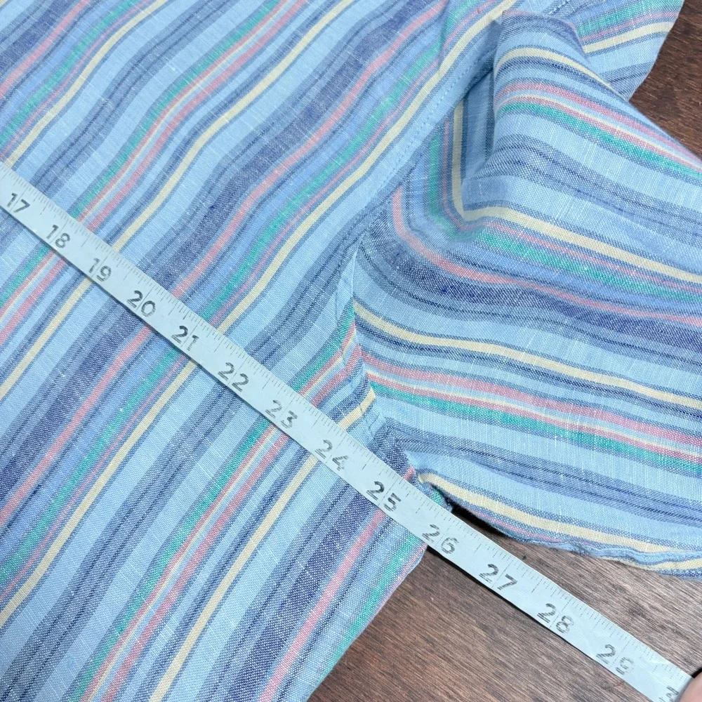 Black Brown Mens Linen Blue Striped Button Down Shirt XL Roll Tab Coastal Preppy